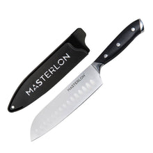 Load image into Gallery viewer, SANTOKU KNIFE STAINLESS STEEL BLADE TRIPLE RIVET COLLECTION, 7", BLACK HANDLE & COVER