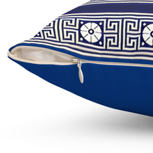 Load image into Gallery viewer, Dark Blue Greek Key and Flower Square Pillow