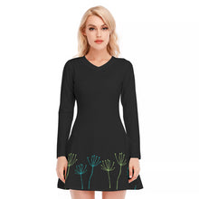 Load image into Gallery viewer, Blue and Green Accent Flowers Women's V-neck Long Sleeve Dress