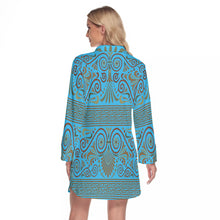Load image into Gallery viewer, Greek Key and Floral Owl in LIght Blue Women's Lapel Shirt Dress With Long Sleeve