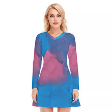 Load image into Gallery viewer, Blue and Pink Watercolor Women's V-neck Long Sleeve Dress