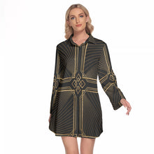 Load image into Gallery viewer, Art Deco Gold Cross Women's Lapel Shirt Dress With Long Sleeve