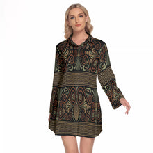 Load image into Gallery viewer, Greek Key and Floral Owl in Black Women's Lapel Shirt Dress With Long Sleeve