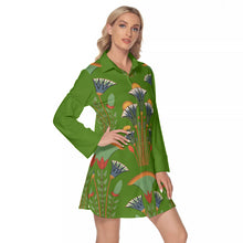 Load image into Gallery viewer, Egyptian Floral Pattern in Green Women's Lapel Shirt Dress With Long Sleeve