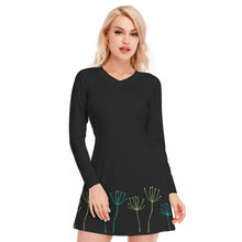 Load image into Gallery viewer, Blue and Green Accent Flowers Women's V-neck Long Sleeve Dress