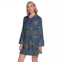 Load image into Gallery viewer, Greek Key and Floral Owl in Dark Blue Women's Lapel Shirt Dress With Long Sleeve