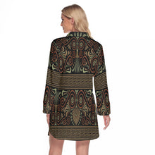 Load image into Gallery viewer, Greek Key and Floral Owl in Black Women's Lapel Shirt Dress With Long Sleeve