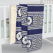 Load image into Gallery viewer, Dark Blue Greek Key and Flower Sherpa Fleece Blanket