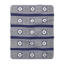 Load image into Gallery viewer, Dark Blue Greek Key and Flower Sherpa Fleece Blanket