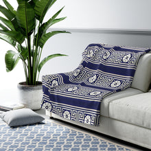 Load image into Gallery viewer, Dark Blue Greek Key and Flower Sherpa Fleece Blanket