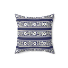 Load image into Gallery viewer, Dark Blue Greek Key and Flower Square Pillow