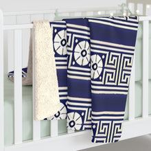 Load image into Gallery viewer, Dark Blue Greek Key and Flower Sherpa Fleece Blanket