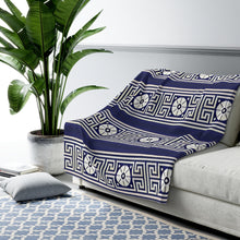 Load image into Gallery viewer, Dark Blue Greek Key and Flower Sherpa Fleece Blanket