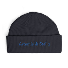 Load image into Gallery viewer, Cuff Beanie — Embroidered "Artemis &amp; Stella" Ribbed Knit Hat
