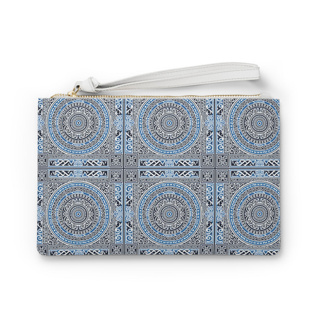 Mandala Design Clutch Bag in Blue, Black and White