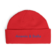 Load image into Gallery viewer, Cuff Beanie — Embroidered "Artemis &amp; Stella" Ribbed Knit Hat
