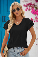 Load image into Gallery viewer, Black Eyelet Tie-Neck Flutter Sleeve Blouse
