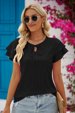 Load image into Gallery viewer, Black Eyelet Tie-Neck Flutter Sleeve Blouse
