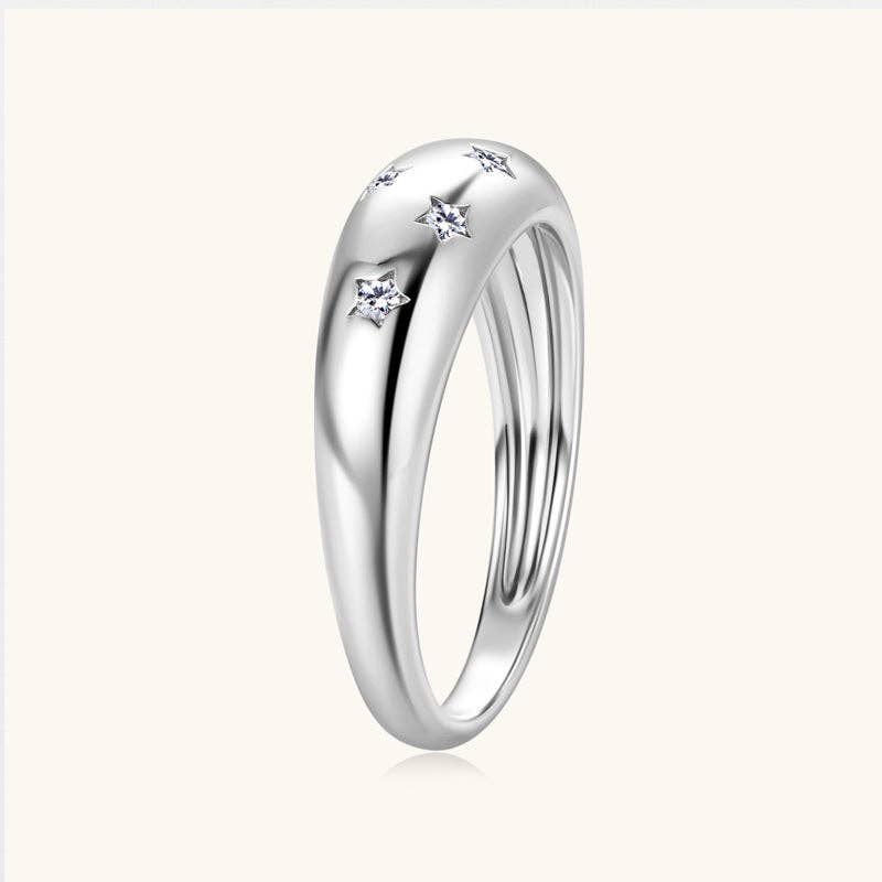 Moissanite Star Wedding Band Ring in 925 Sterling Silver: Silver / 9 US