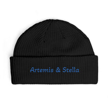 Load image into Gallery viewer, Cuff Beanie — Embroidered "Artemis &amp; Stella" Ribbed Knit Hat
