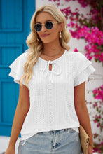 Load image into Gallery viewer, Black Eyelet Tie-Neck Flutter Sleeve Blouse
