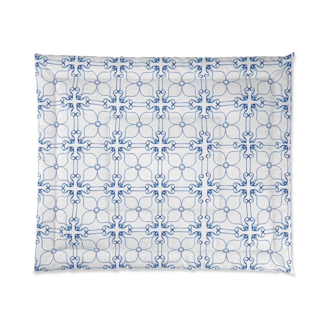 Blue and White Cross and Flower King Comforter