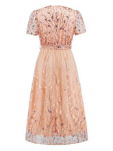 Load image into Gallery viewer, Sequin Leaf Embroidery Tie Front Short Sleeve Dress
