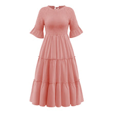 Load image into Gallery viewer, Round Neck Solid Color Smocked A-line Tiered-layered Dress
