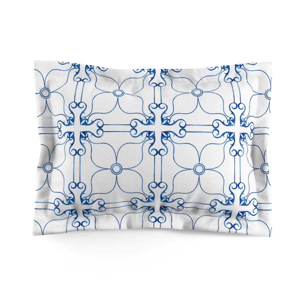 Blue and White Cross and Flower Microfiber Pillow Sham