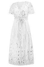 Load image into Gallery viewer, Sequin Leaf Embroidery Tie Front Short Sleeve Dress
