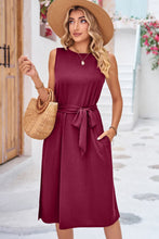 Load image into Gallery viewer, Round Neck Tie Belt Sleeveless Dress with Pockets
