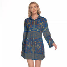 Load image into Gallery viewer, Greek Key and Floral Owl in Dark Blue Women&#39;s Lapel Shirt Dress With Long Sleeve
