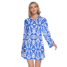 Load image into Gallery viewer, Blue and White Triangle Fun Women&#39;s Lapel Shirt Dress With Long Sleeves
