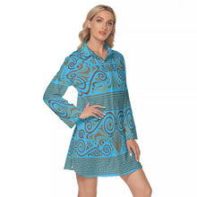 Load image into Gallery viewer, Greek Key and Floral Owl in LIght Blue Women&#39;s Lapel Shirt Dress With Long Sleeve
