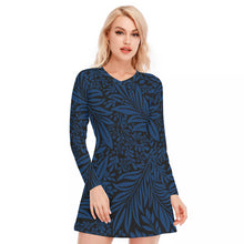 Load image into Gallery viewer, Ferns and Flowers in Dark Blue Women&#39;s V-neck Long Sleeve Dress
