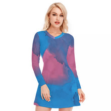 Load image into Gallery viewer, Blue and Pink Watercolor Women&#39;s V-neck Long Sleeve Dress
