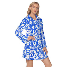 Load image into Gallery viewer, Blue and White Triangle Fun Women&#39;s Lapel Shirt Dress With Long Sleeves
