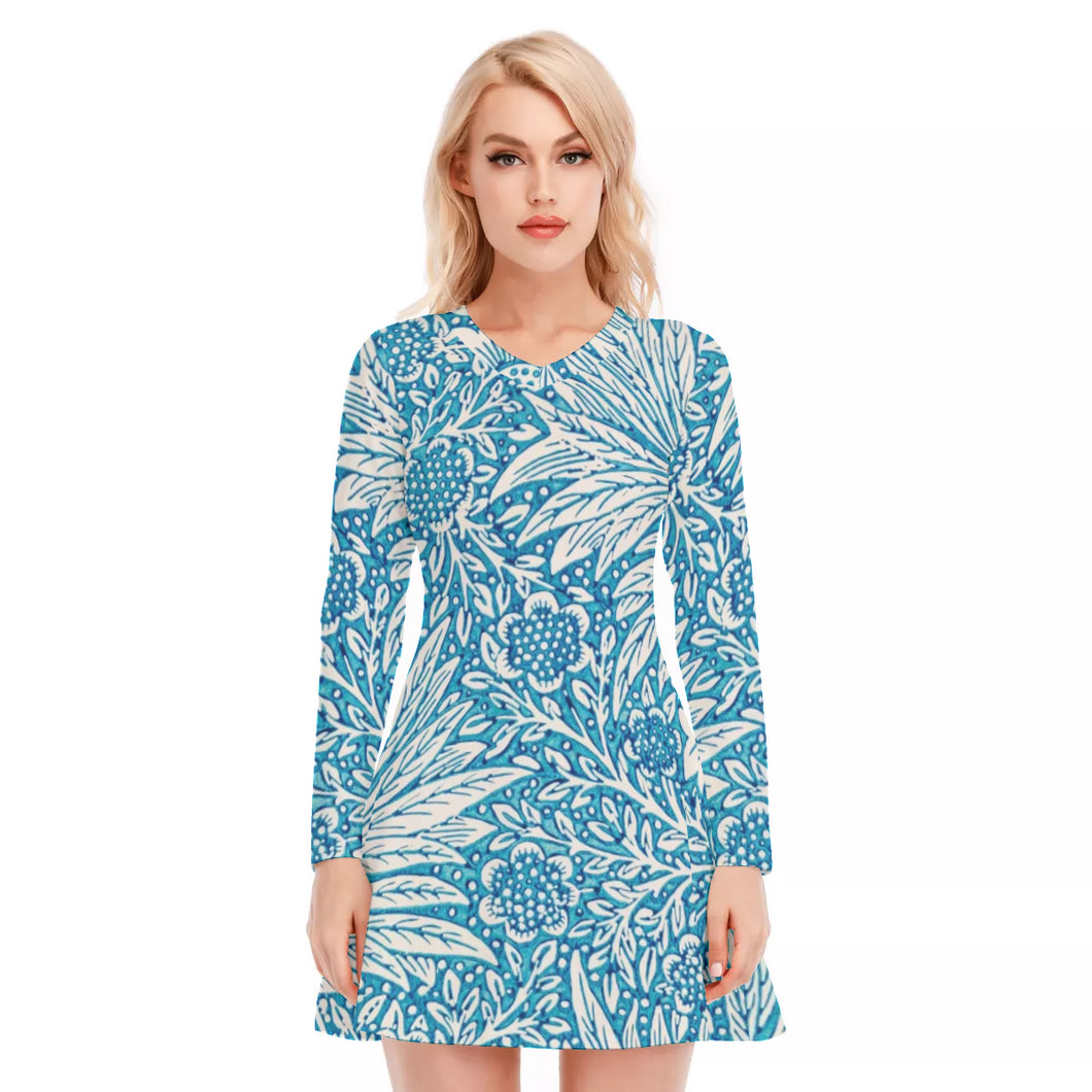 Ferns and Flowers in Blue Women's V-neck Long Sleeve Dress