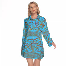 Load image into Gallery viewer, Greek Key and Floral Owl in LIght Blue Women&#39;s Lapel Shirt Dress With Long Sleeve
