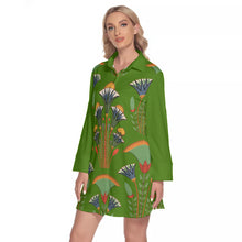 Load image into Gallery viewer, Egyptian Floral Pattern in Green Women&#39;s Lapel Shirt Dress With Long Sleeve
