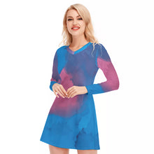 Load image into Gallery viewer, Blue and Pink Watercolor Women&#39;s V-neck Long Sleeve Dress
