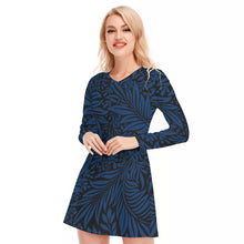 Load image into Gallery viewer, Ferns and Flowers in Dark Blue Women&#39;s V-neck Long Sleeve Dress
