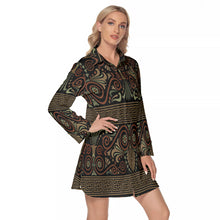 Load image into Gallery viewer, Greek Key and Floral Owl in Black Women&#39;s Lapel Shirt Dress With Long Sleeve
