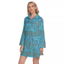 Load image into Gallery viewer, Greek Key and Floral Owl in LIght Blue Women&#39;s Lapel Shirt Dress With Long Sleeve
