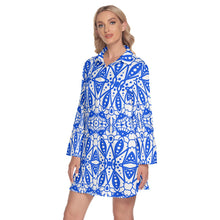 Load image into Gallery viewer, Blue and White Triangle Fun Women&#39;s Lapel Shirt Dress With Long Sleeves
