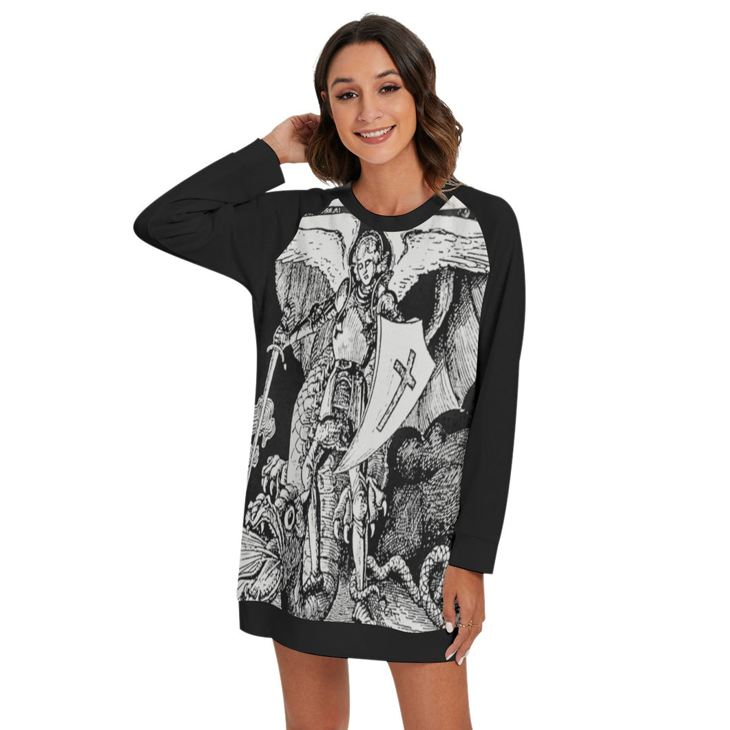 Archangel Slaying the Dragon Vintage Print Round Neck Sweater