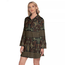 Load image into Gallery viewer, Greek Key and Floral Owl in Black Women&#39;s Lapel Shirt Dress With Long Sleeve
