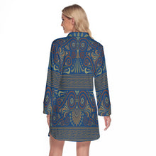 Load image into Gallery viewer, Greek Key and Floral Owl in Dark Blue Women&#39;s Lapel Shirt Dress With Long Sleeve
