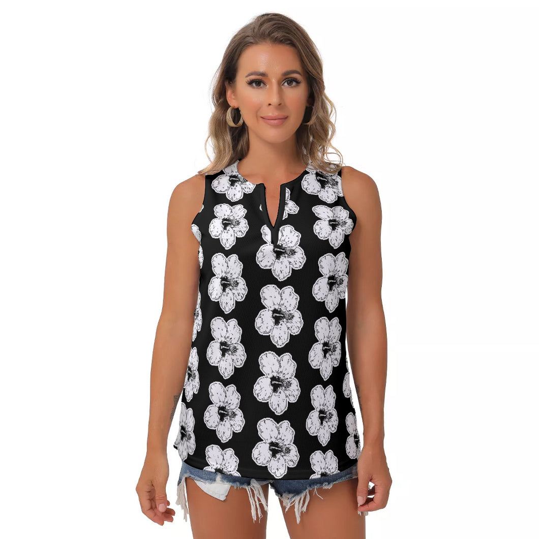 Black and White Hibiscus Women's Sleeveless V-Neck Top