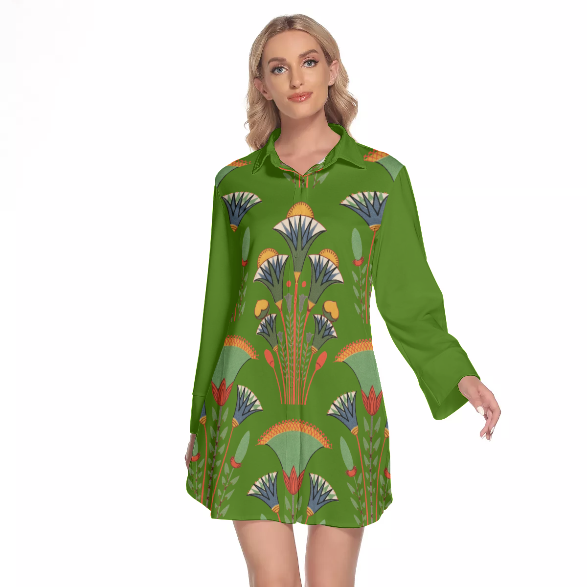 Egyptian Floral Pattern in Green Women's Lapel Shirt Dress With Long S Artemis and Stella Egyptian Floral Pattern in Green Women's Lapel Shirt Dress With Long S Artemis and Stella